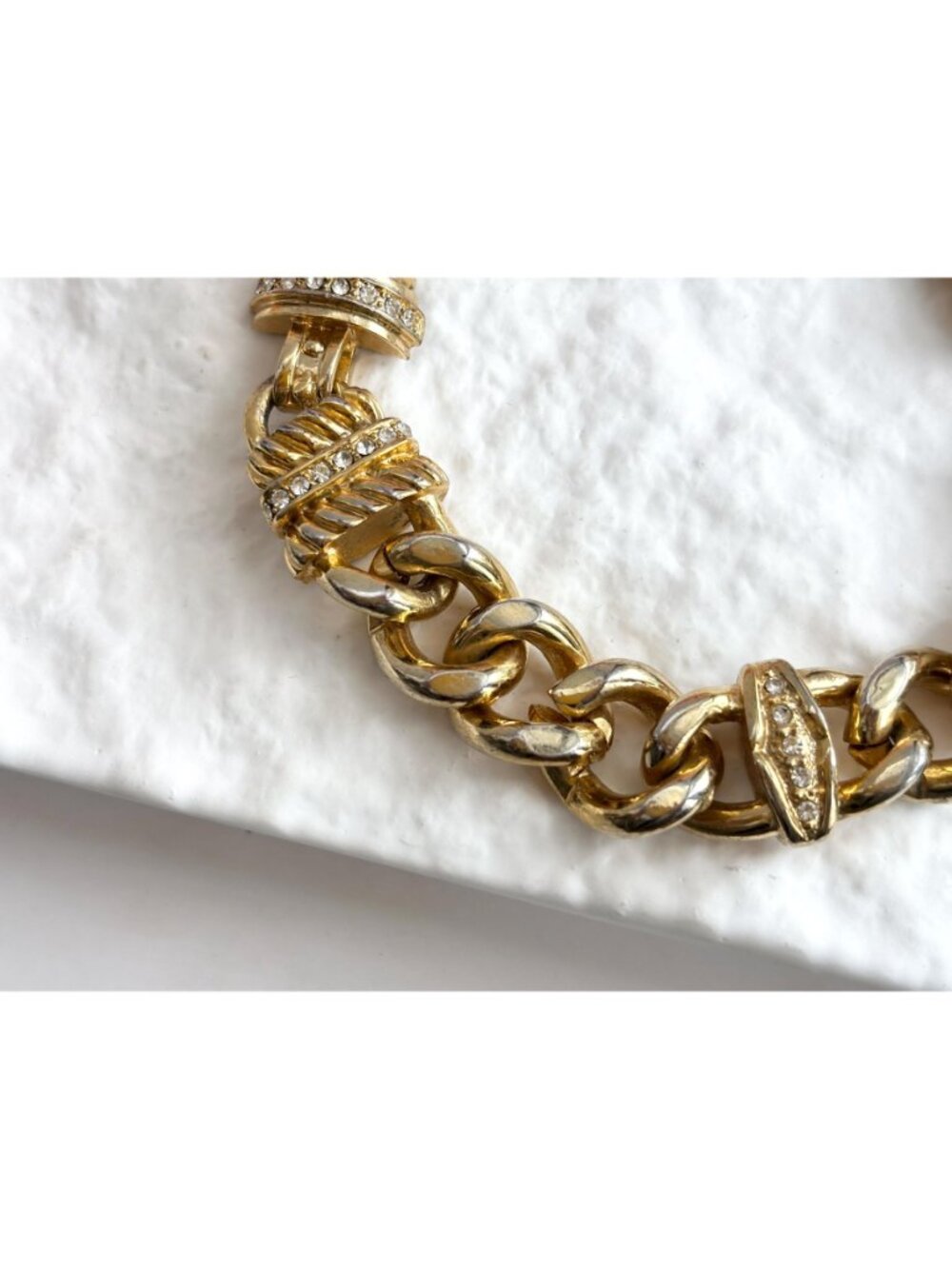 Gold Toned Curb Chain Chunky Rhinestone Accented Vintage 80's Style Bracelet - Picture 3 of 16
